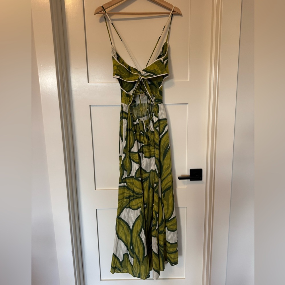 Green Leaf-Print Midi Dress with Spaghetti Straps